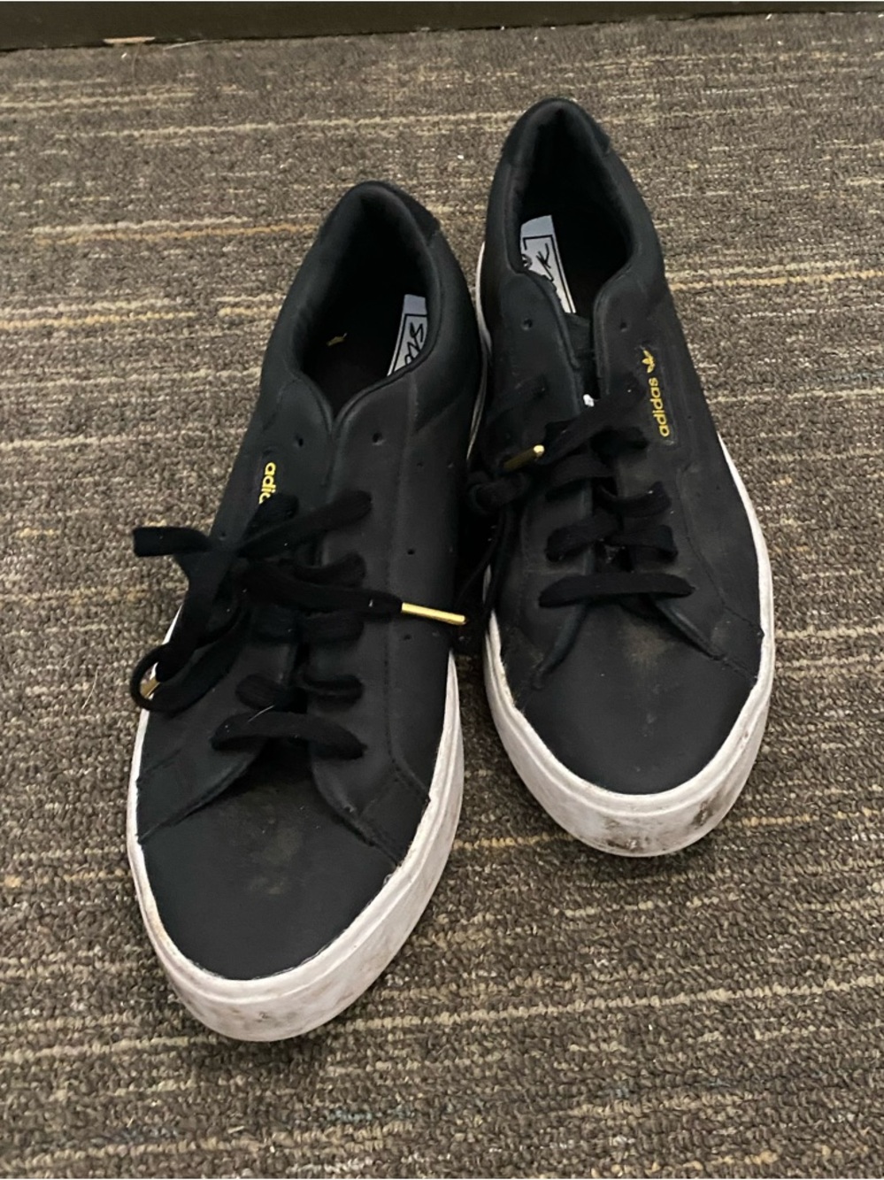 adidas Vintage Black Sneakers with White Soles and Gold Accents Size 8.5 Women